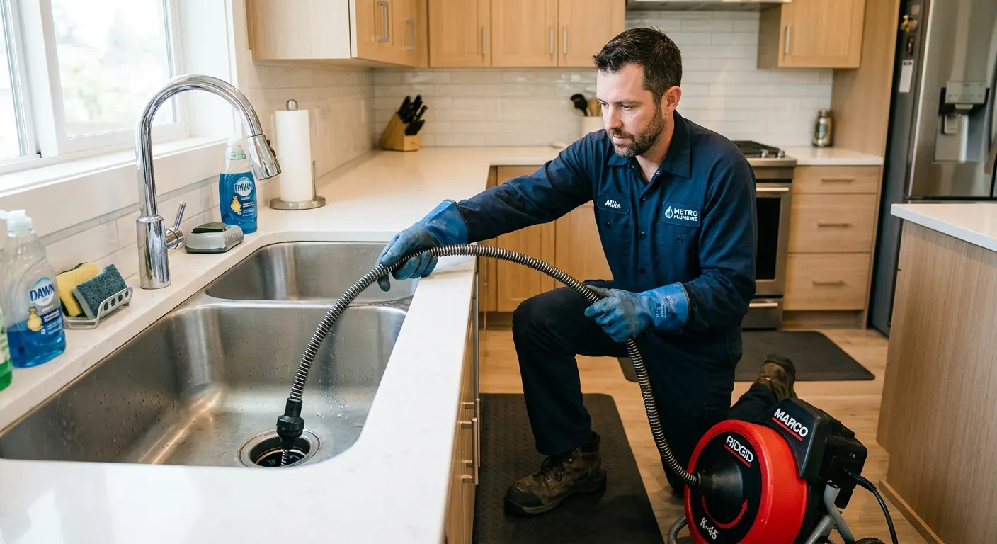 Drain cleaning technician using a motorized snake on a kitchen sink in Granite City