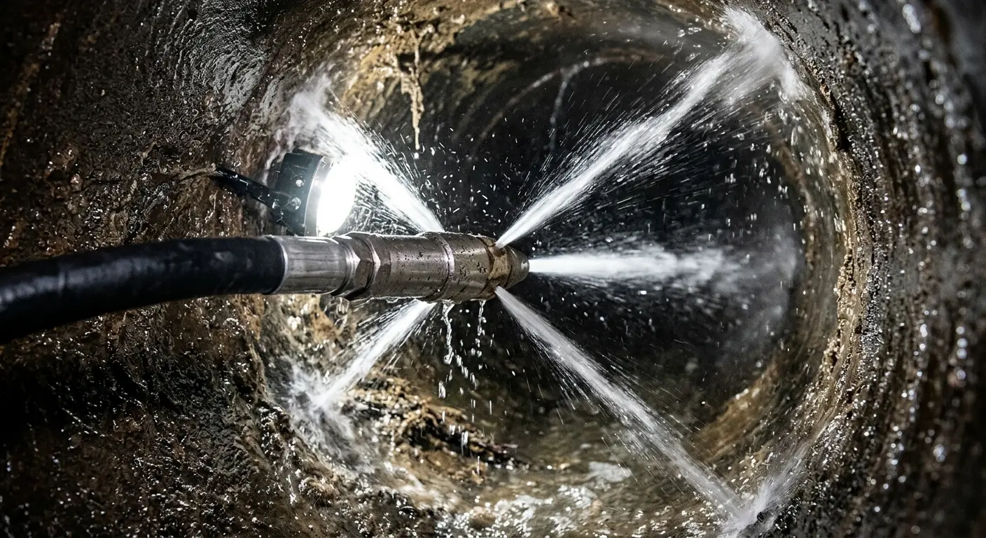 High-pressure hydro jetting nozzle cleaning sewer pipe for Emergency Drain Service in Granite City
