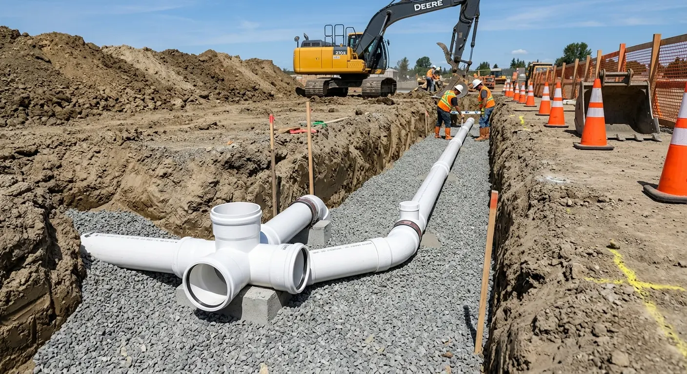 New PVC sewer pipe installation in open trench for Commercial Drain Cleaning in Granite City